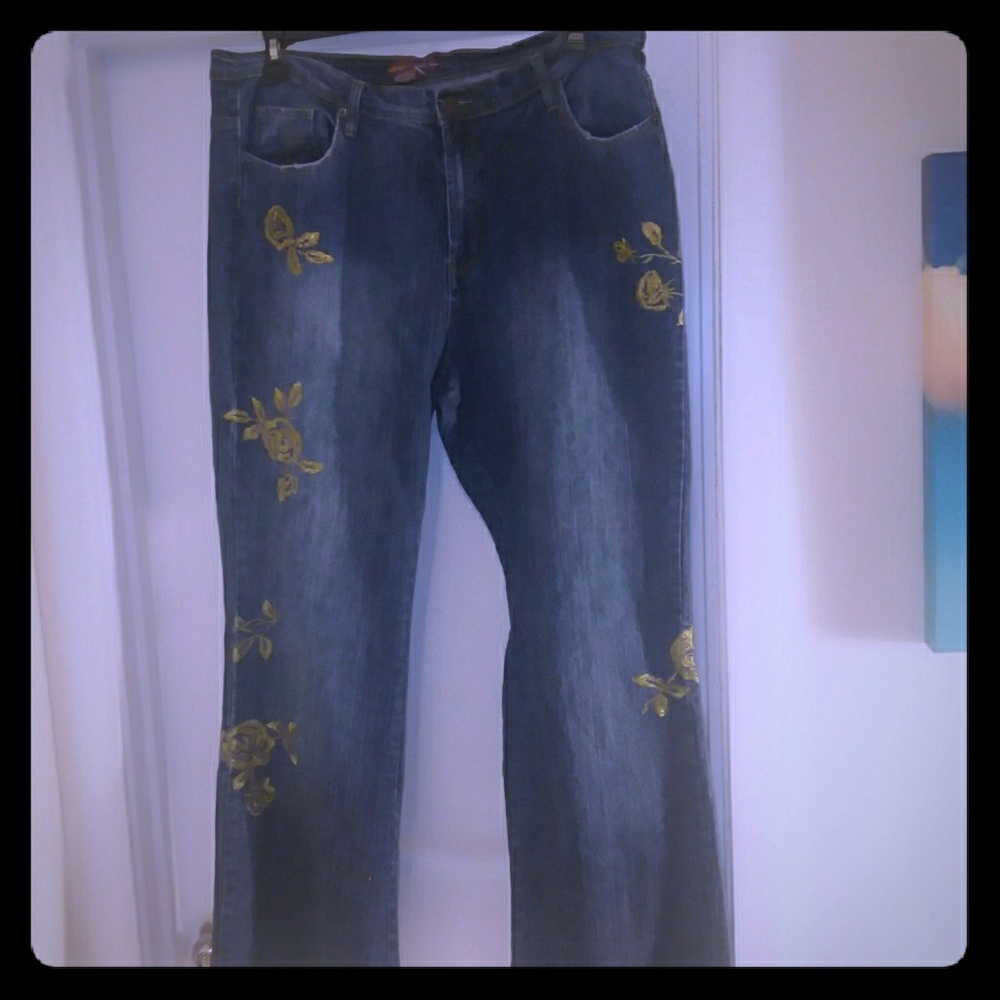 Neeso Premium Blue Jeans Gold Flowers Stitched